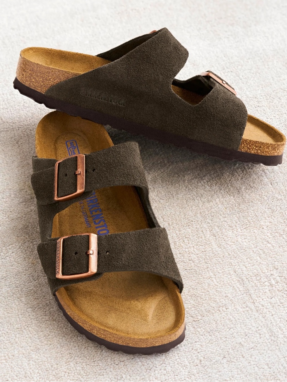 Birkenstock Suede Sandals in Dark Brown with Copper Buckles